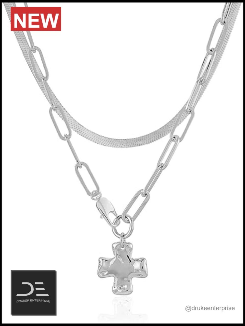 Chunky Cross Pendant Necklace Set Paperclip Herringbone Chains Layered 2 Pcs